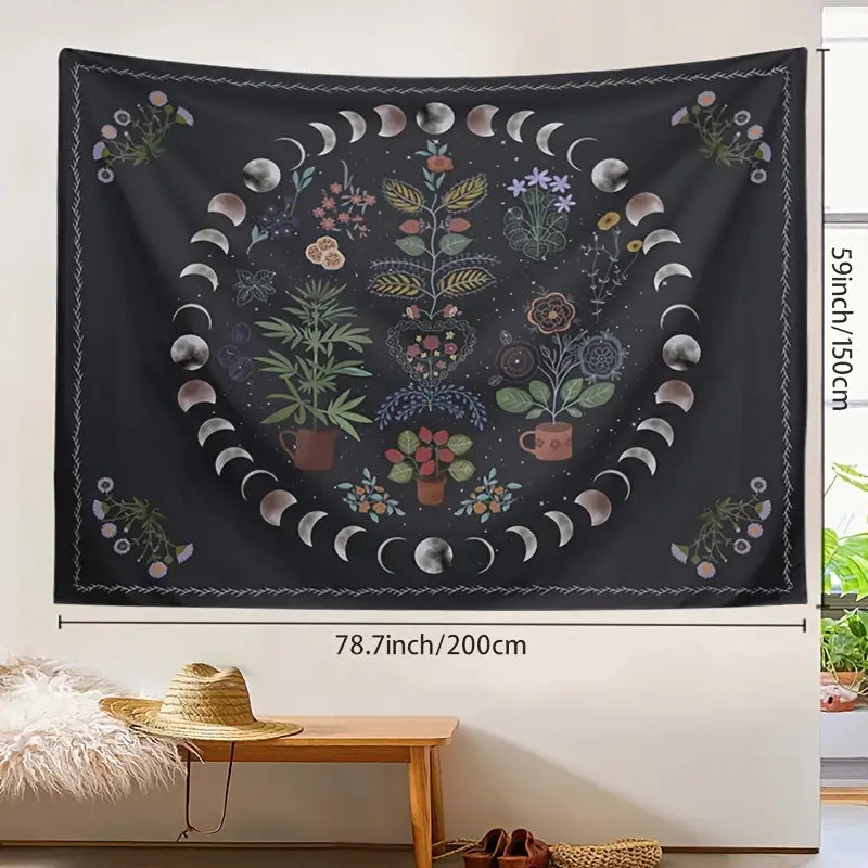 Botanical Moon Phase Tapestry for Bohemian Decor