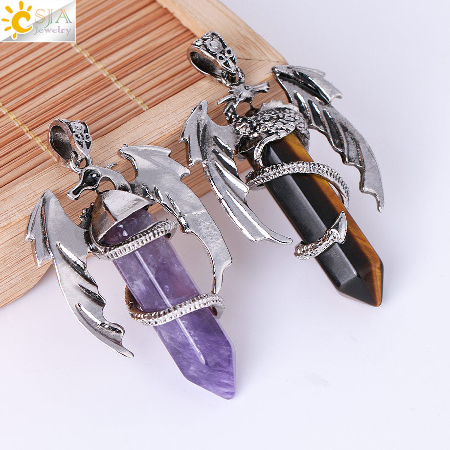 Vintage Men's Dragon Pendant with Hexagonal Crystal