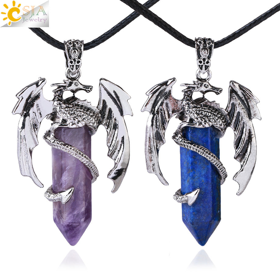 Vintage Men's Dragon Pendant with Hexagonal Crystal
