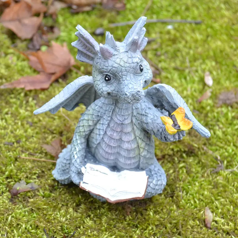 Mini Dragon Reading Book Sculpture - Cute Resin Figurine