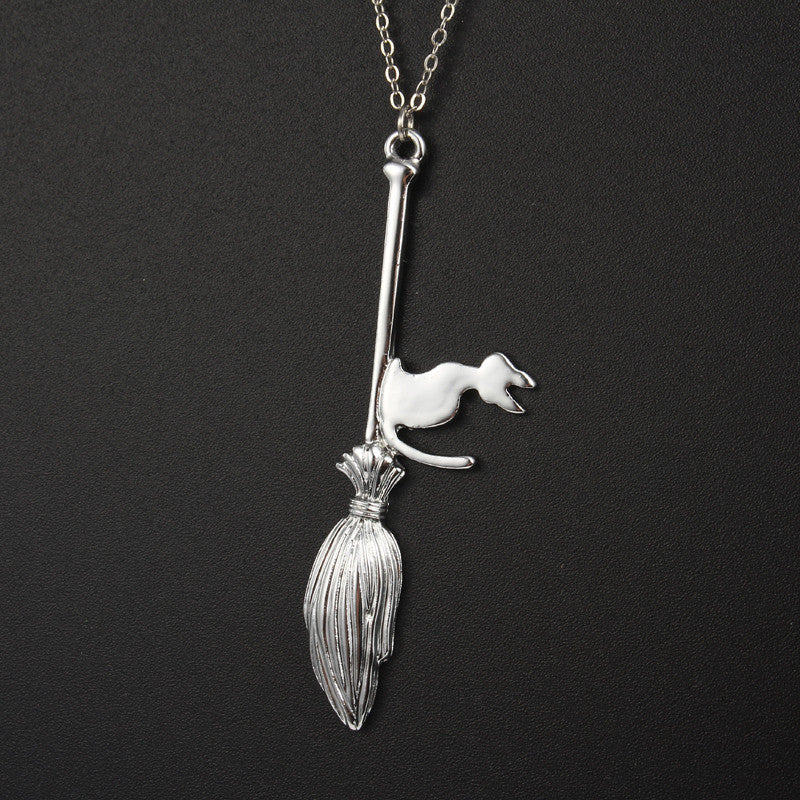 Cat on Broom Pendant Necklace - Witchcraft Jewelry