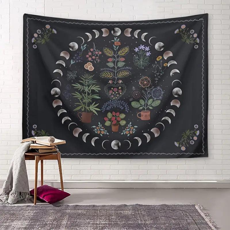 Botanical Moon Phase Tapestry for Bohemian Decor