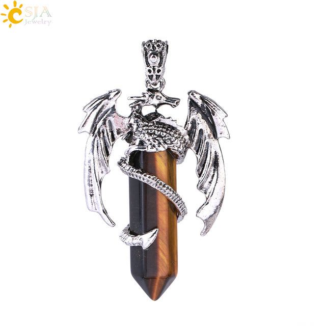 Vintage Men's Dragon Pendant with Hexagonal Crystal