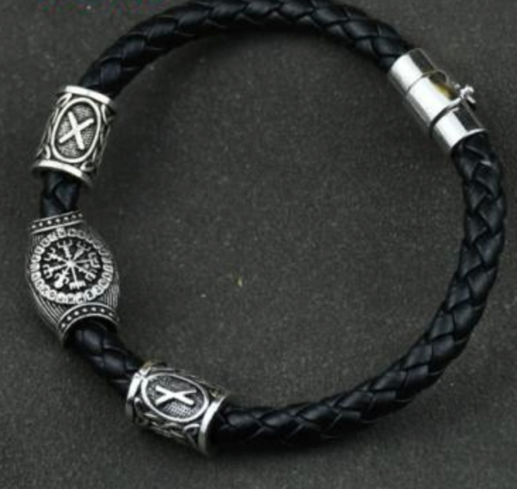 Viking Odin Rune Bead Leather Bracelet
