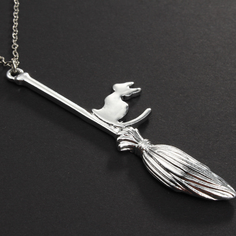 Cat on Broom Pendant Necklace - Witchcraft Jewelry