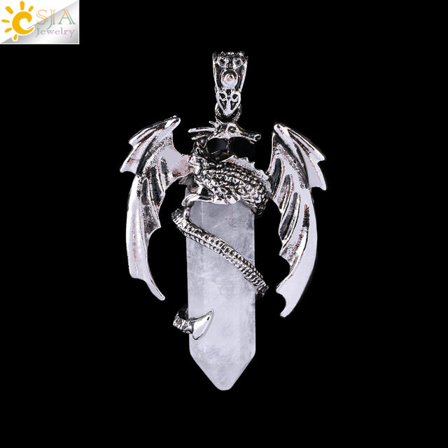 Vintage Men's Dragon Pendant with Hexagonal Crystal