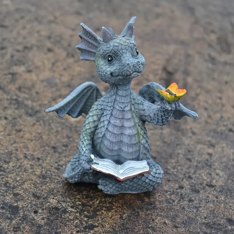 Mini Dragon Reading Book Sculpture - Cute Resin Figurine