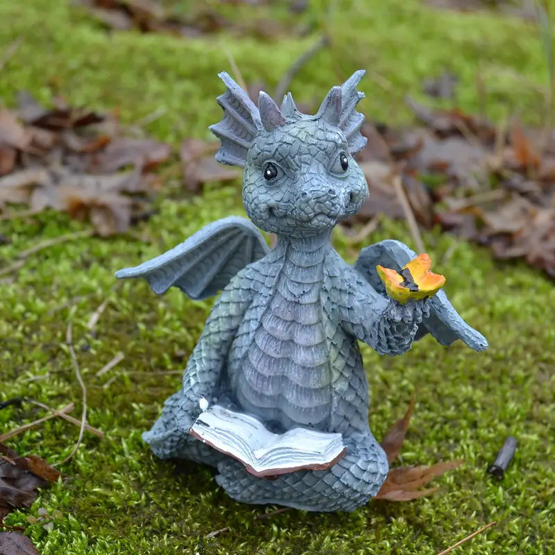 Mini Dragon Reading Book Sculpture - Cute Resin Figurine