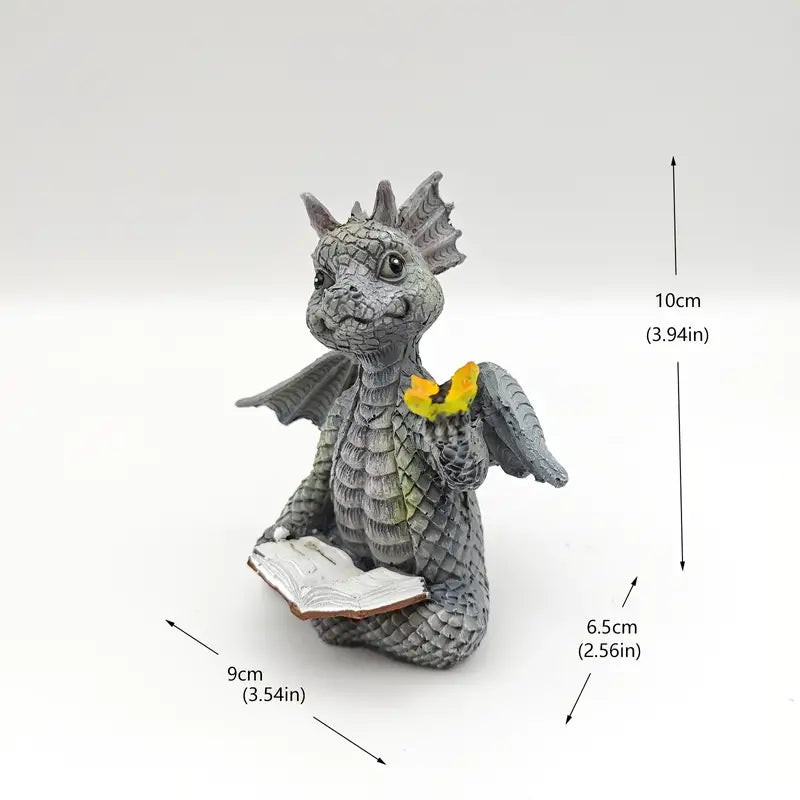 Mini Dragon Reading Book Sculpture - Cute Resin Figurine