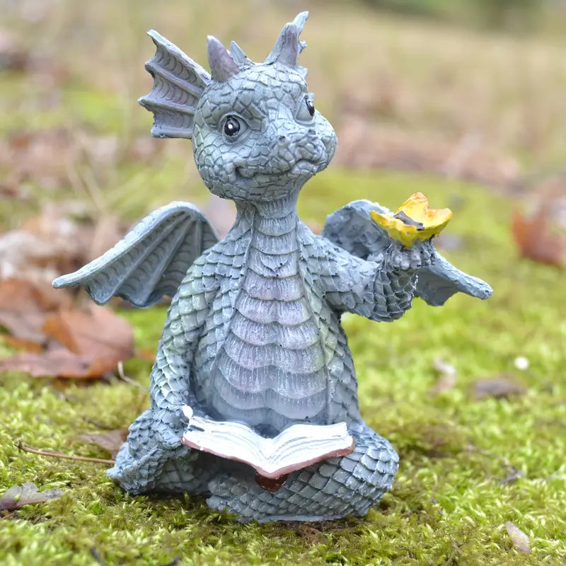 Mini Dragon Reading Book Sculpture - Cute Resin Figurine
