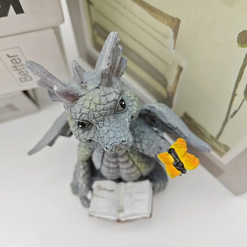 Mini Dragon Reading Book Sculpture - Cute Resin Figurine