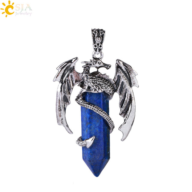 Vintage Men's Dragon Pendant with Hexagonal Crystal