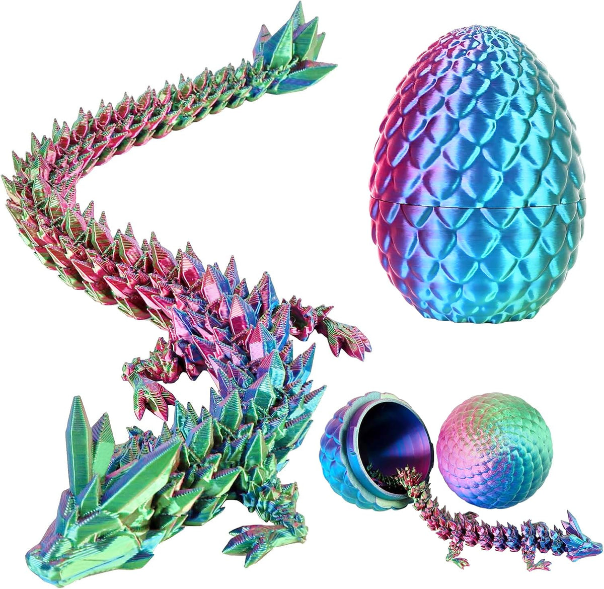 3D Printed Dragon Eggs with Dragon Inside，Crystal Dragon Fidget Toys，Articulated 3D Dragon with 3D Dragon Eggs Red Green Blue