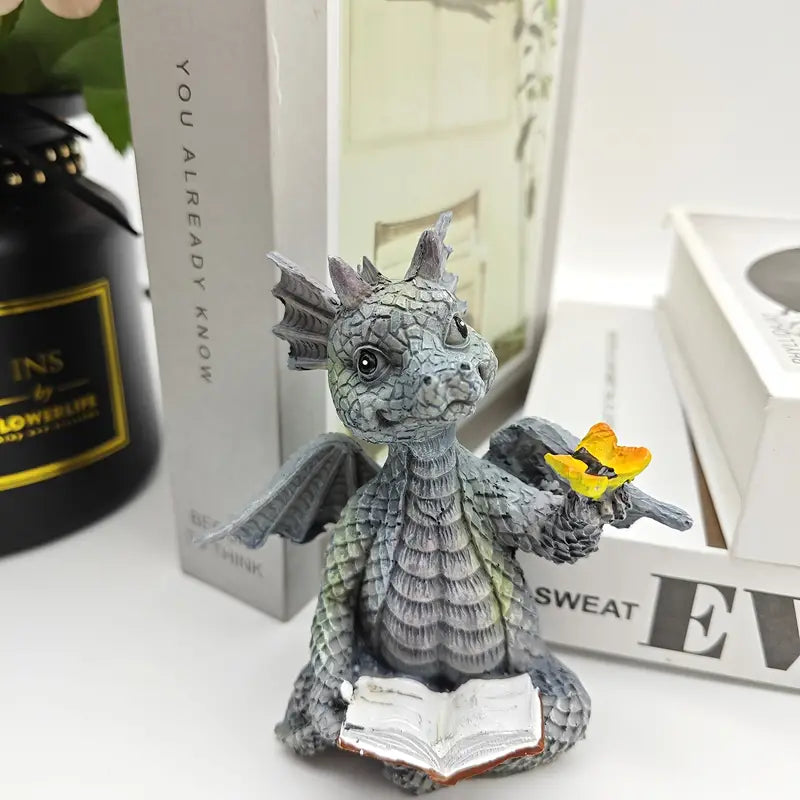 Mini Dragon Reading Book Sculpture - Cute Resin Figurine