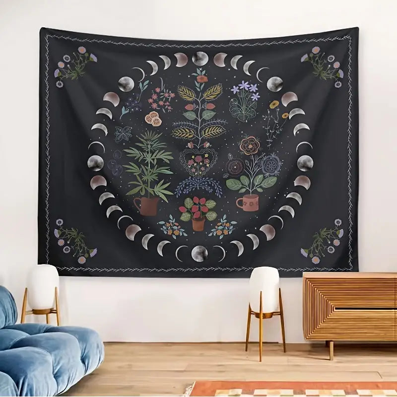 Botanical Moon Phase Tapestry for Bohemian Decor