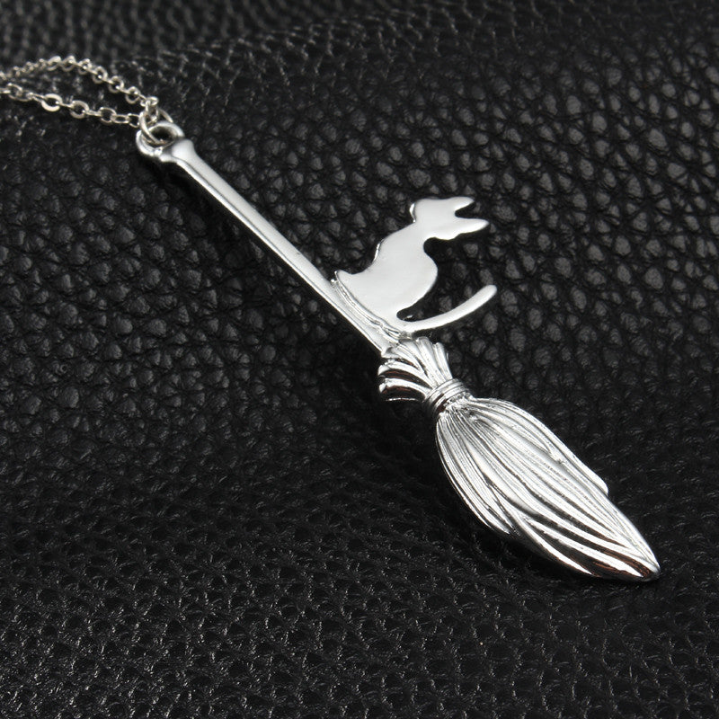 Cat on Broom Pendant Necklace - Witchcraft Jewelry