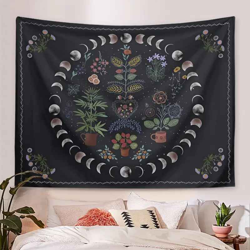 Botanical Moon Phase Tapestry for Bohemian Decor