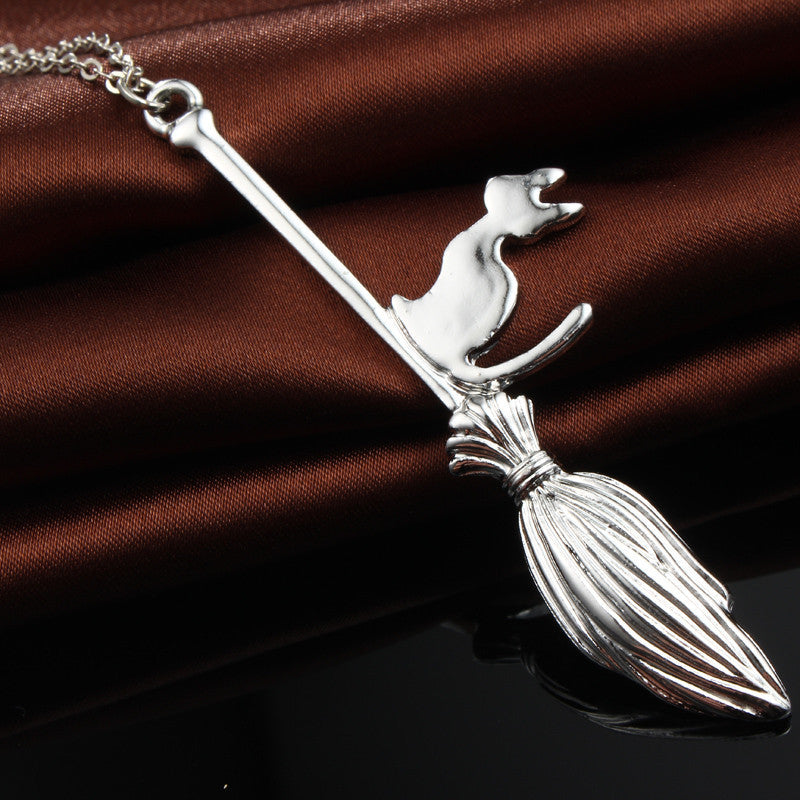 Cat on Broom Pendant Necklace - Witchcraft Jewelry
