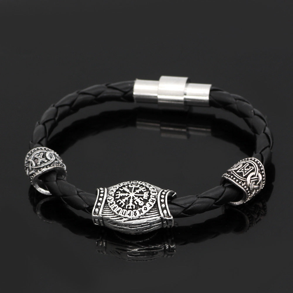 Viking Odin Rune Bead Leather Bracelet