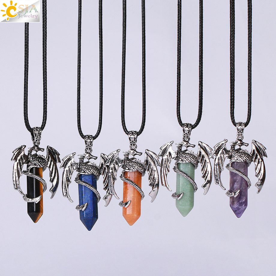 Vintage Men's Dragon Pendant with Hexagonal Crystal