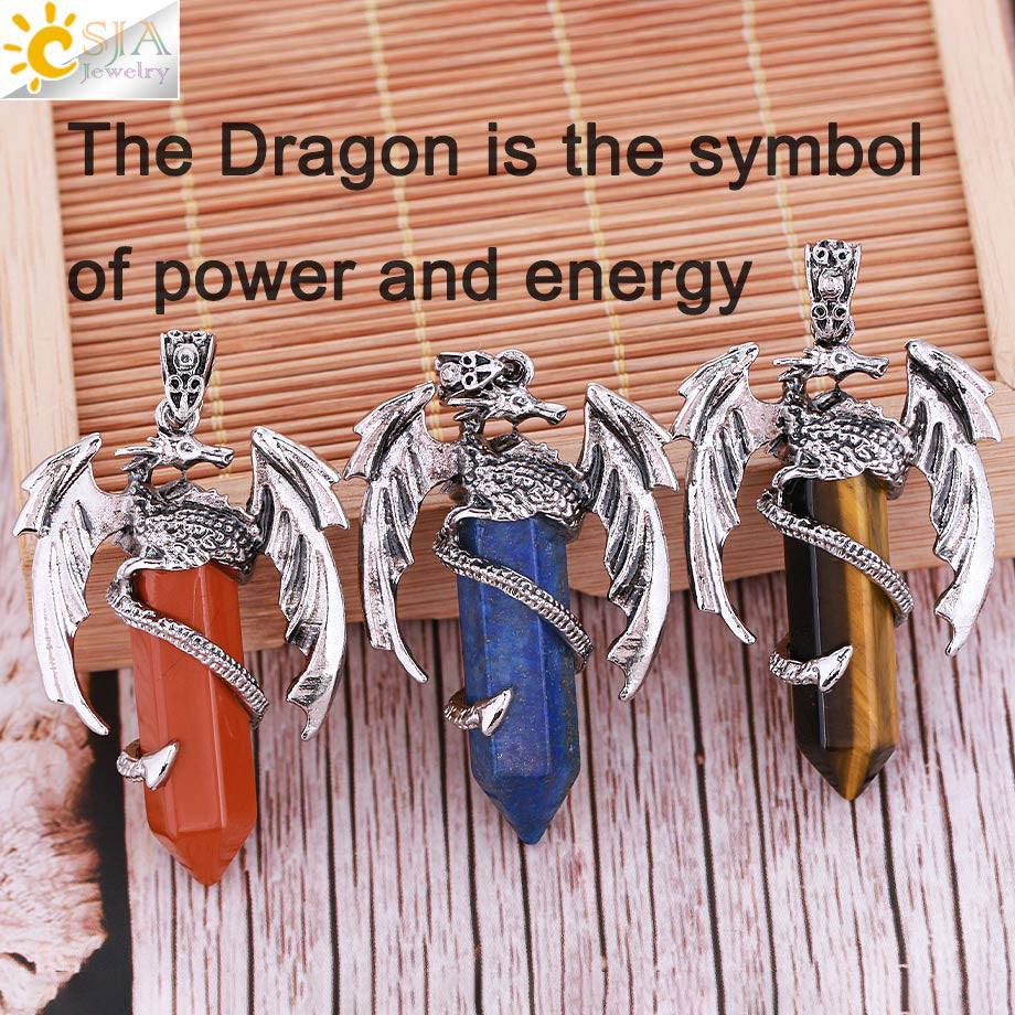 Vintage Men's Dragon Pendant with Hexagonal Crystal