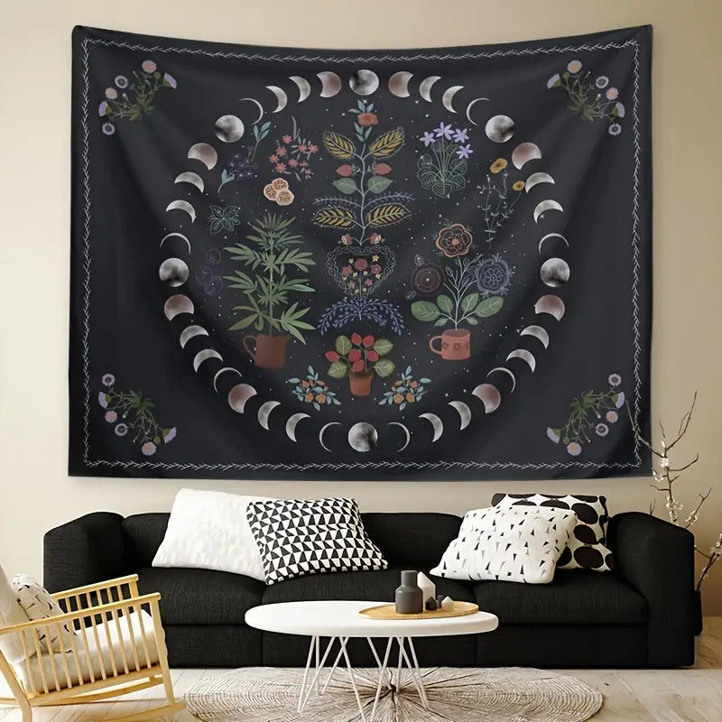 Botanical Moon Phase Tapestry for Bohemian Decor