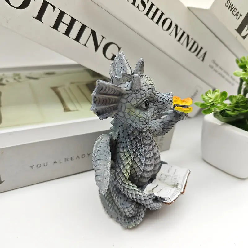 Mini Dragon Reading Book Sculpture - Cute Resin Figurine